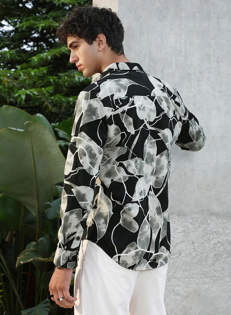 Campus Sutra Campus Sutra Men Artistic-Foliage Lined Imrprint Shirt | Abstract Leaf Print Full Sleeve | Regular Fit Spread Collar Curved Hem | Casual Lightweight Woven Fabric | Obsidian Black & Moon Grey