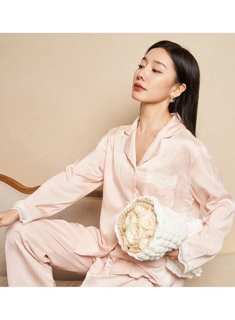 Loquat Women's Solid Color 2-Piece Set Loose Nightgown Sleepwear Long Sleeve Lapel Top And Pants Soft Loungewear Wear Pajamas Suit Light Pink 