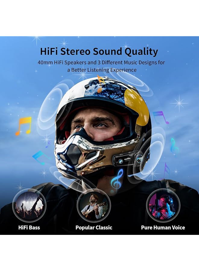 fodsports Fx8 Air Motorcycle Bluetooth Headset, 6 Motorcycles Motorbike Bluetooth Intercom With Range 1500M, Fm Radio, Dsp Cvc Noise Canceling Headphones, 3 Sound Effects, 1 Pack - Image 3