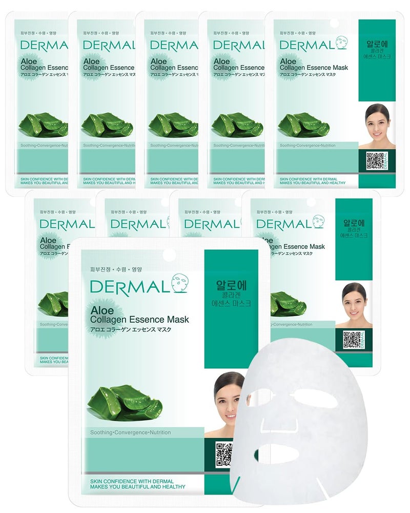 DERMAL DERMAL Aloe Collagen Essence Facial Mask Sheet 23g Pack of 10 - Skin Revitalizing & Soothing, Refreshing and Moisturizing, Sunburn Relief, Daily Skin Treatment Solution Sheet Mask