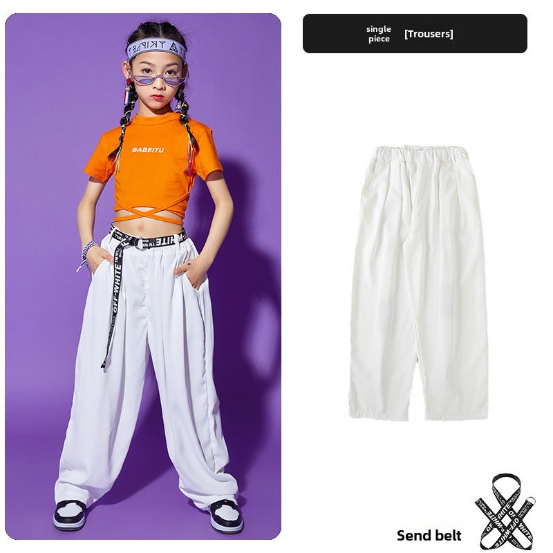 Girls Hip Hop Jazz Dance Costume Performance Outfit 602 white trousers [send black belt]] 