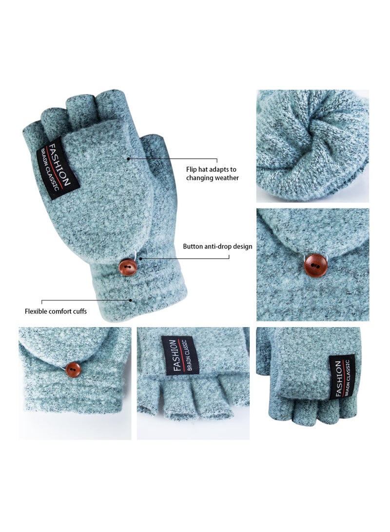 KASTWAVE Womens Winter Gloves, 2 Pairs Warm Knitted Convertible Fingerless Gloves for Women Gifts with Mittens Cover Cap(Green light, Blue)  - Image 4