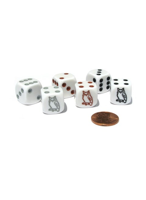 Koplow Games Set of 6 Owl 16mm Dice - 2 Each of White with Black, Brown, and Gray Pips