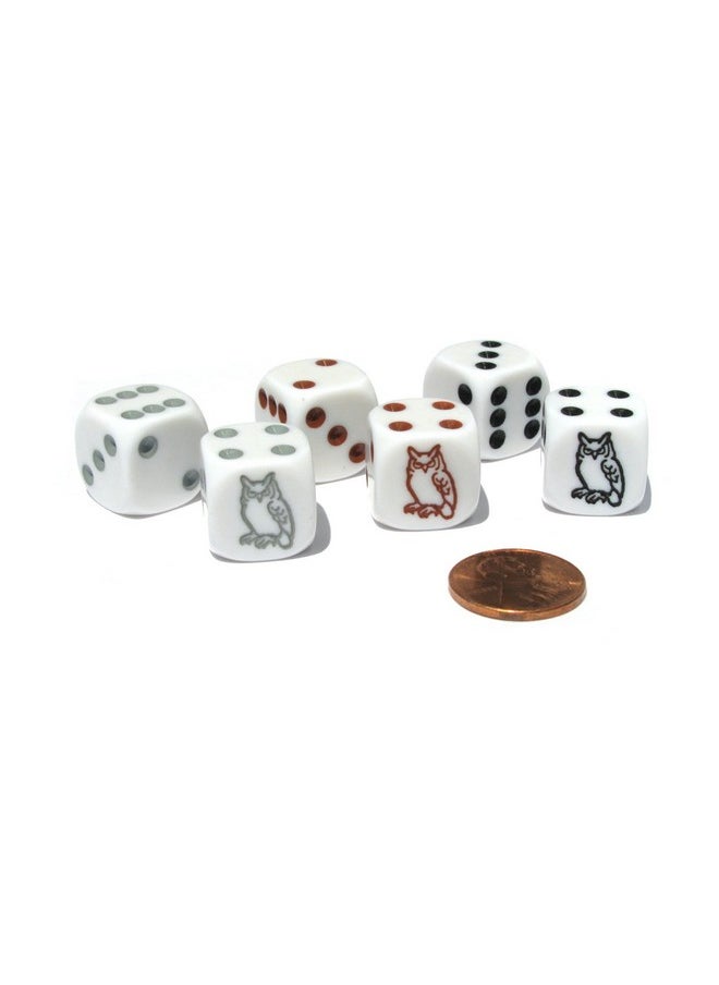 Koplow Games Set of 6 Owl 16mm Dice - 2 Each of White with Black, Brown, and Gray Pips