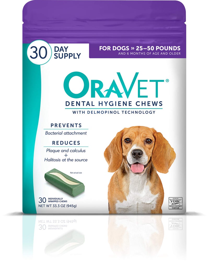ORAVET Dental Chews for Dogs, Oral Care and Hygiene Chews (Medium Dogs, 25-50 lbs.) Purple Pouch, 30 Count - Image 1