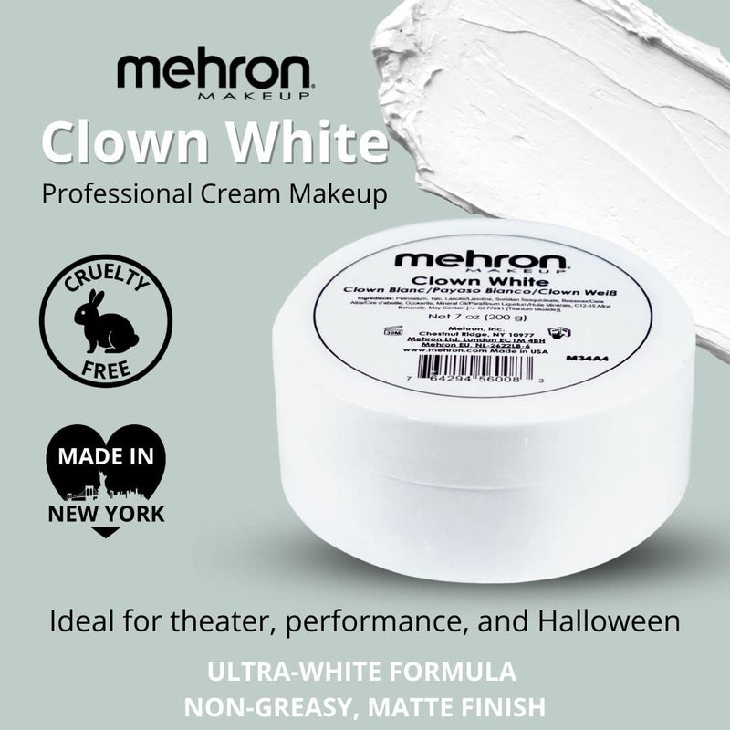 mehron كريم مكياج وجه محترف أبيض من مهرون لمكياج المهرجين | مكياج وجه أبيض للمسرح، الفيلم، الكوسبلاي، والميم | مكياج مهرج هالوين 7 أونص (198غ) - Image 2