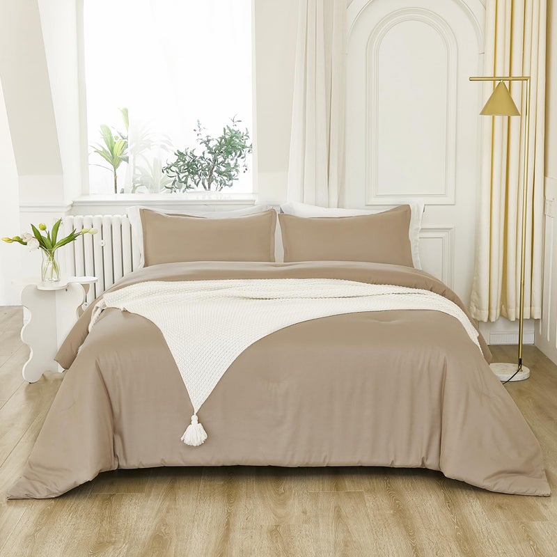 Litanika Litanika California King Size Taupe Comforter Set  3 Pieces Cal King Solid Bedding Comforter Set  All Season Fluffy Bed Set (104x96In Comforter & 2 Pillowcases)  - Image 5