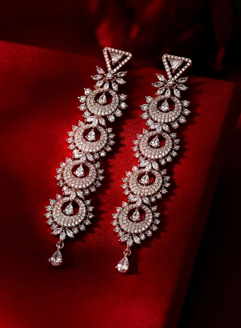 Rose Stone Studded Floral Contemporary Drop Earrings