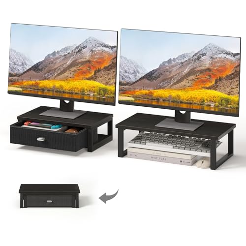 WOHOMO Dual Monitor Stand Riser with Drawers, Wood Desk Organizers for 2 Monitors, Desktop Storage Stand for Computer, Laptop, Black - Image 1