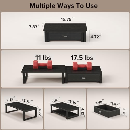WOHOMO Dual Monitor Stand Riser with Drawers, Wood Desk Organizers for 2 Monitors, Desktop Storage Stand for Computer, Laptop, Black - Image 2