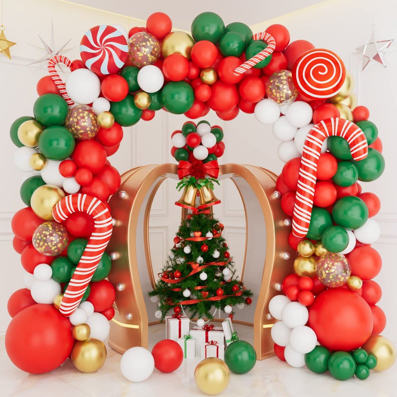 AobkDeco Christmas Balloon Garland Arch Kit with Red White Golden Dark Green Balloons Candy Foil Balloons Candy Cane Gold Sequins Confetti Transparent Balloon for Christmas Party Decorations - Image 2