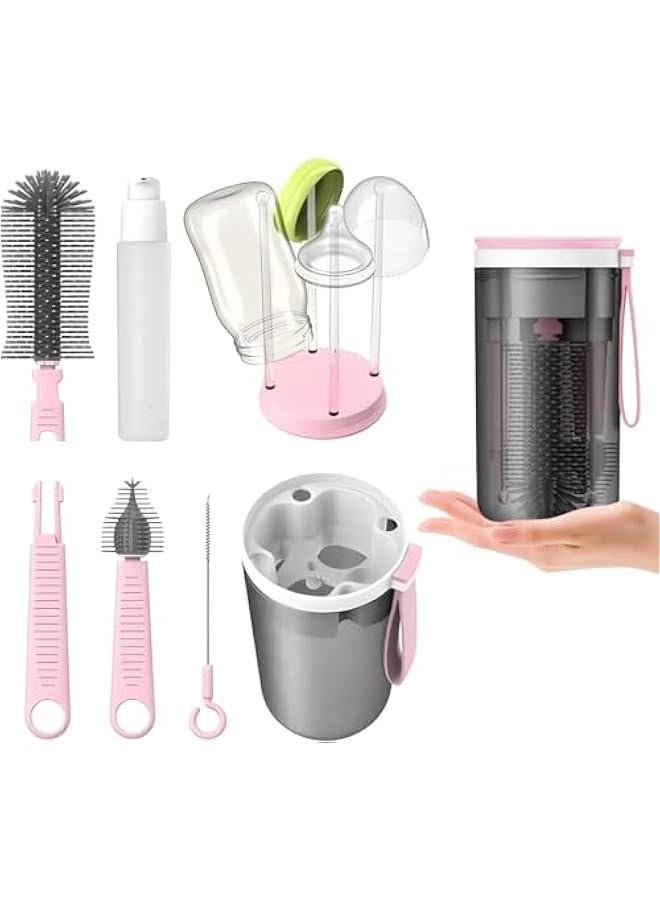 هوكور مجموعة فرش زجاجات الاطفال للسفر من دوركو مع فرشاة زجاجة سيليكون محمولة، فرشاة تنظيف ، فرشاة ماصة، موزع صابون ورف تجفيف الزجاجات (بينك) - Image 1