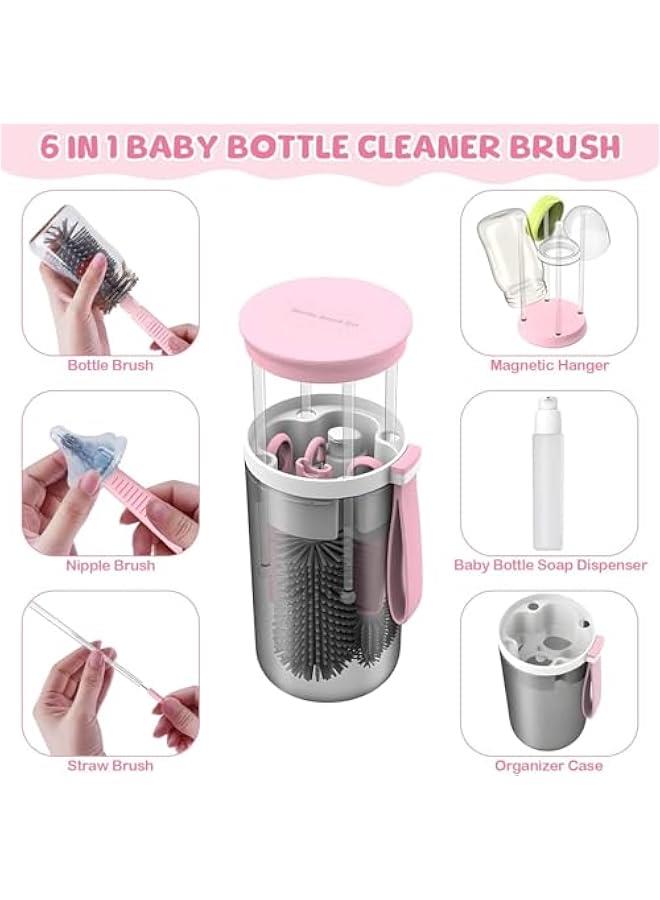 هوكور مجموعة فرش زجاجات الاطفال للسفر من دوركو مع فرشاة زجاجة سيليكون محمولة، فرشاة تنظيف ، فرشاة ماصة، موزع صابون ورف تجفيف الزجاجات (بينك) - Image 3