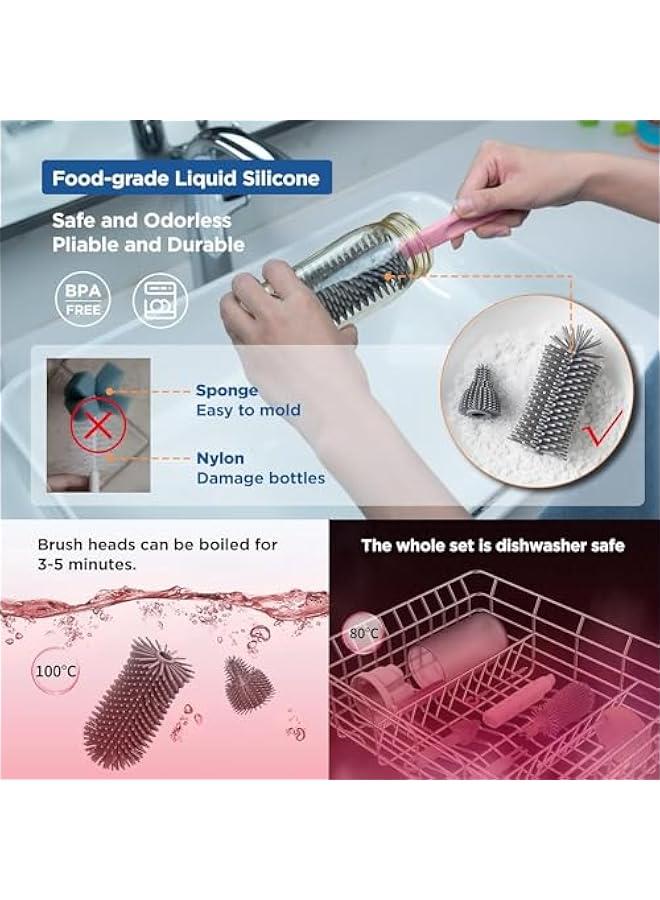 هوكور مجموعة فرش زجاجات الاطفال للسفر من دوركو مع فرشاة زجاجة سيليكون محمولة، فرشاة تنظيف ، فرشاة ماصة، موزع صابون ورف تجفيف الزجاجات (بينك) - Image 4