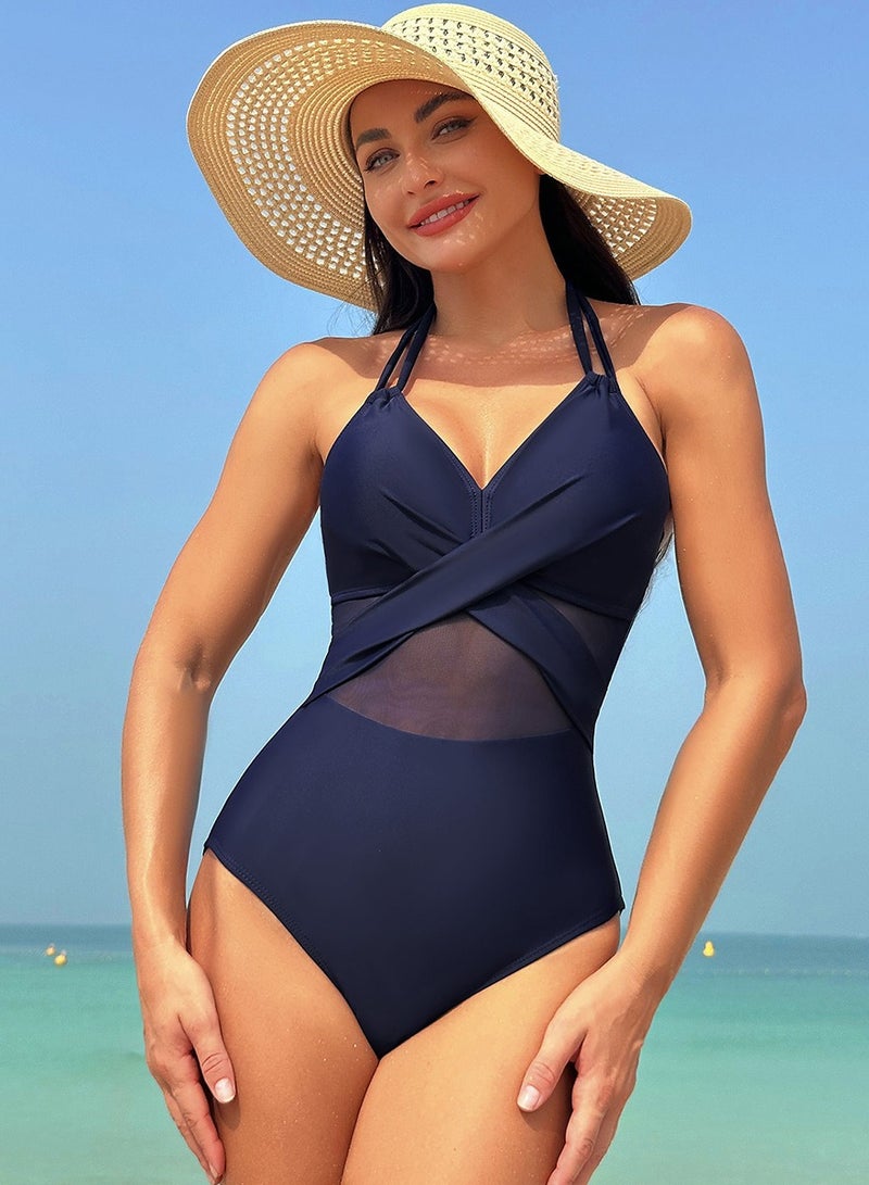 Women's Mesh Stitching One Piece Swimsuit Halter V-Neck Bathing Suits Navy Blue - Image 1
