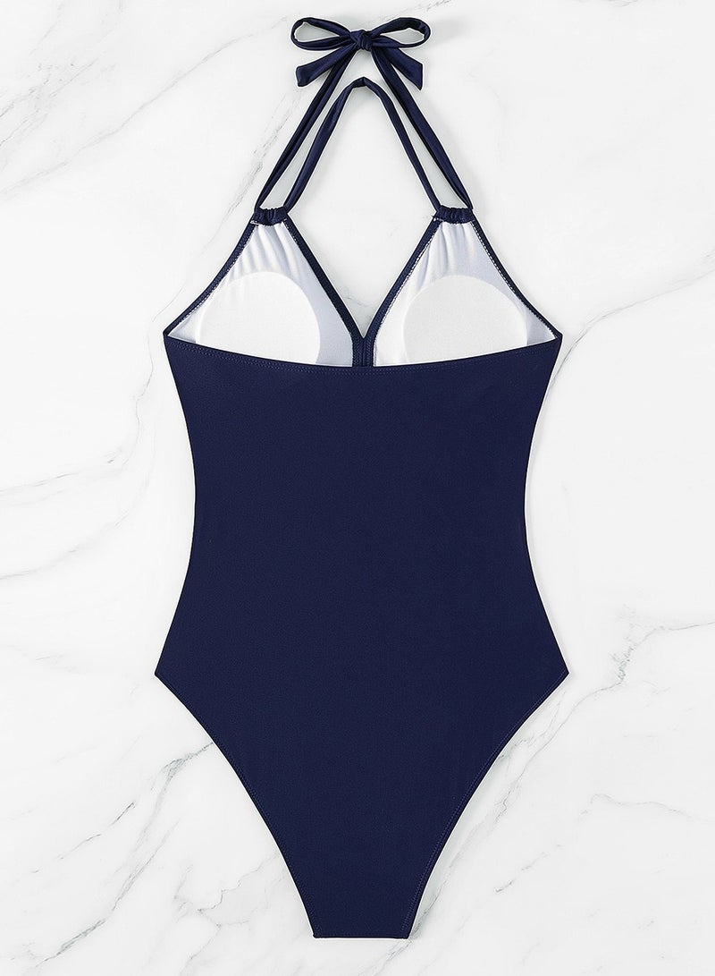 Women's Mesh Stitching One Piece Swimsuit Halter V-Neck Bathing Suits Navy Blue - Image 3