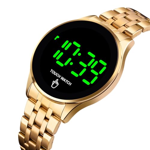 PASOY Touch Screen Digital LED Watch Green Highlight Backlight Stainless Steel WatchBand Waterproof Casual Sport Mens Womens Boys Watch (Gold) - Image 2
