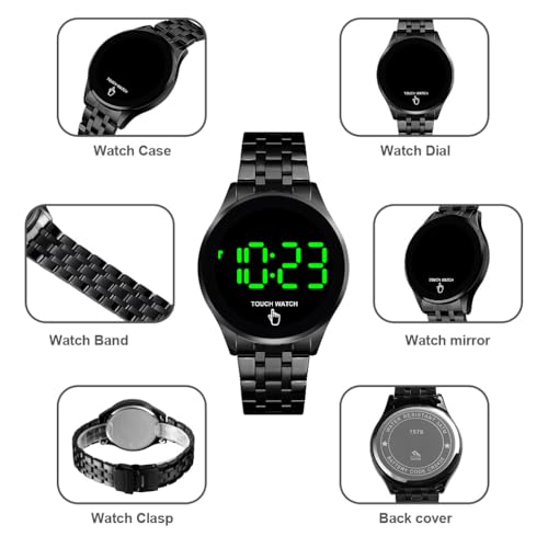 PASOY Touch Screen Digital LED Watch Green Highlight Backlight Stainless Steel WatchBand Waterproof Casual Sport Mens Womens Boys Watch (Gold) - Image 5