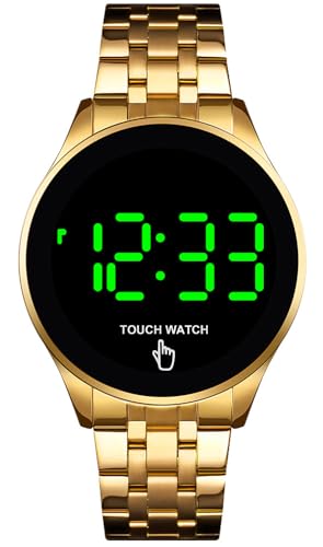 PASOY Touch Screen Digital LED Watch Green Highlight Backlight Stainless Steel WatchBand Waterproof Casual Sport Mens Womens Boys Watch (Gold) - Image 1