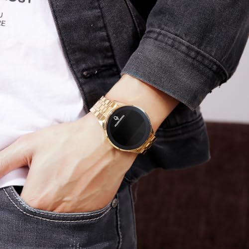 PASOY Touch Screen Digital LED Watch Green Highlight Backlight Stainless Steel WatchBand Waterproof Casual Sport Mens Womens Boys Watch (Gold) - Image 4