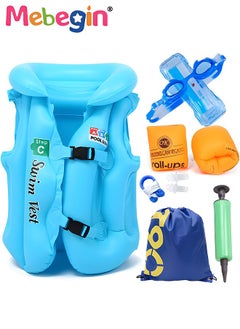 MEBEGIN 6Pcs Kids Swim Vest Set with Inflator Swimming Goggles, Sleeves, Swimming Bag, Nose Clip and Earplugs, Floatation Vest with Adjustable Buckles, Buoyancy Swimming Aid Float Jacket for Learning Swiming, Perfect for Pool, Swim Lesson, Beach and Water Party  - Image 2