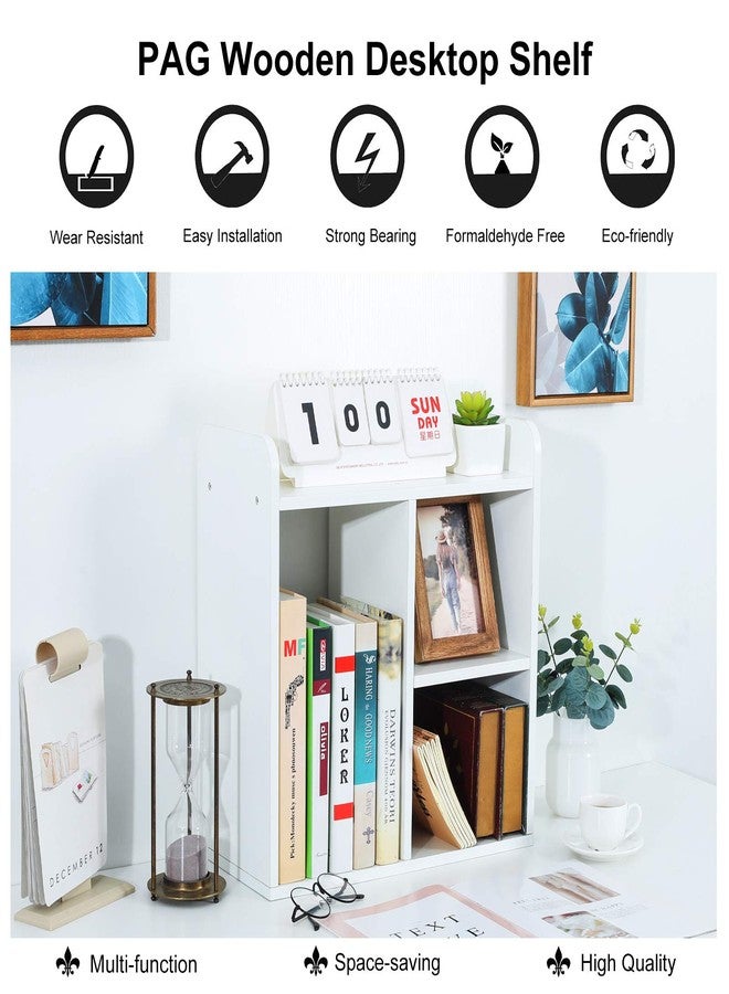 PAG Desktop Bookshelf Assembled Countertop Bookcase Wood Desk Organizer Literature Photo Display Rack, White - Image 4