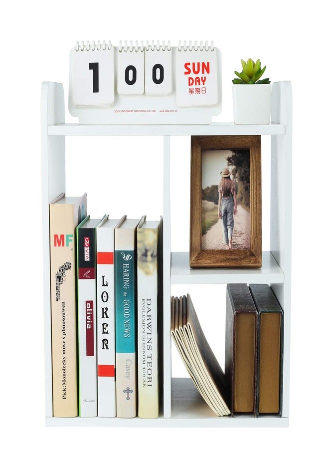 PAG Desktop Bookshelf Assembled Countertop Bookcase Wood Desk Organizer Literature Photo Display Rack, White - Image 2