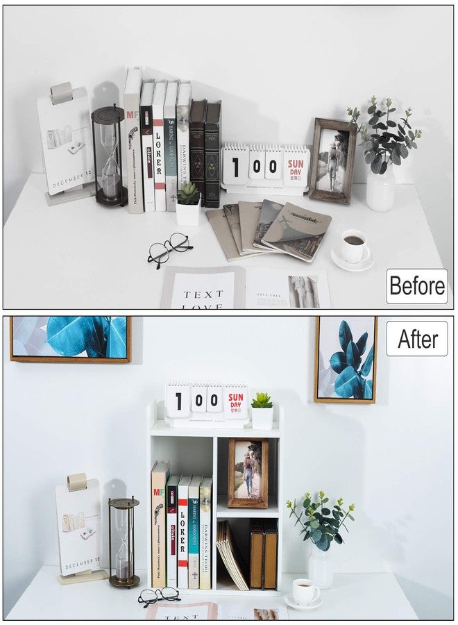 PAG Desktop Bookshelf Assembled Countertop Bookcase Wood Desk Organizer Literature Photo Display Rack, White - Image 5