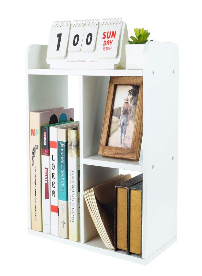 PAG Desktop Bookshelf Assembled Countertop Bookcase Wood Desk Organizer Literature Photo Display Rack, White - Image 1