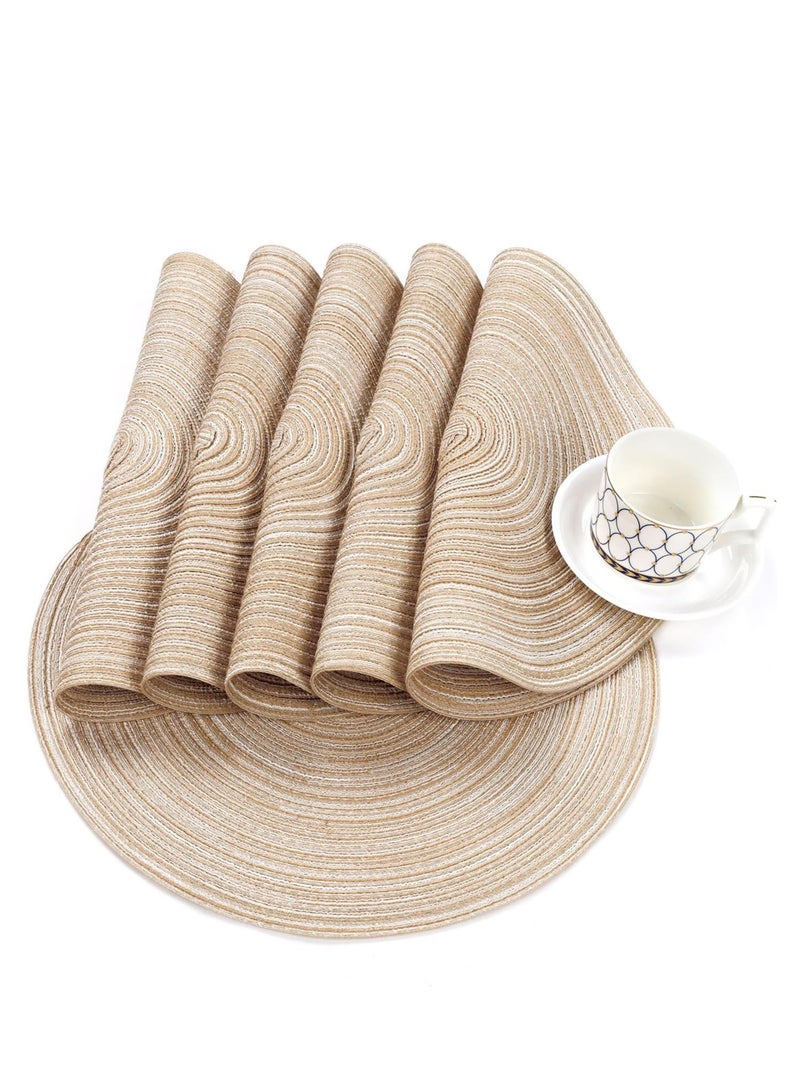 5 Round Woven Placemats, Set of 5 Washable Round Placemats, Kitchen Table, 38 cm Round Woven Fabric Table Mat (Milk Coffee)  - Image 2