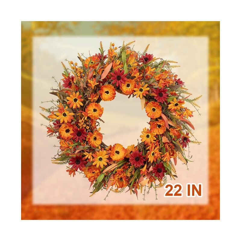 إكليل خريفي صناعي، 22 بوصة، أكاليل خريفية للباب الأمامي، إكليل زهور الأقحوان البرتقالي مع زهور برية وتوت، مناسب للجدران الداخلية والخارجية، بنمط ريفي - Image 2
