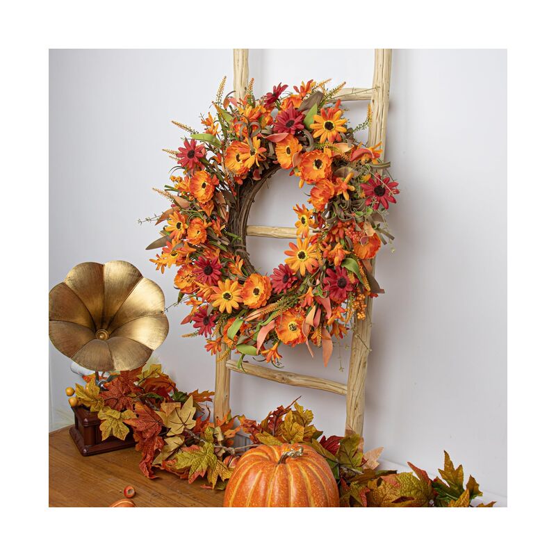 إكليل خريفي صناعي، 22 بوصة، أكاليل خريفية للباب الأمامي، إكليل زهور الأقحوان البرتقالي مع زهور برية وتوت، مناسب للجدران الداخلية والخارجية، بنمط ريفي - Image 4