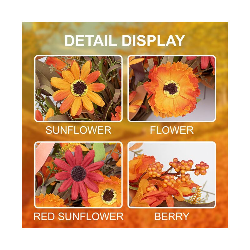 إكليل خريفي صناعي، 22 بوصة، أكاليل خريفية للباب الأمامي، إكليل زهور الأقحوان البرتقالي مع زهور برية وتوت، مناسب للجدران الداخلية والخارجية، بنمط ريفي - Image 3