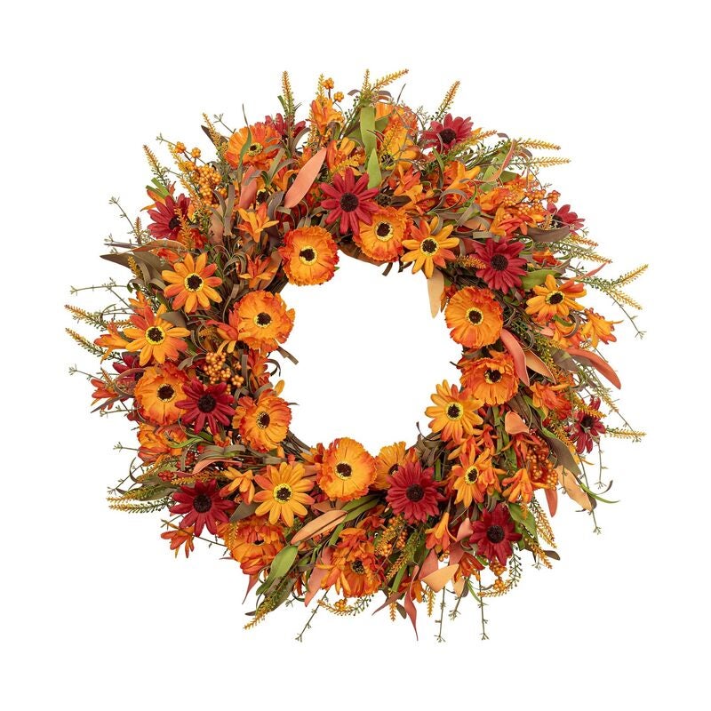 إكليل خريفي صناعي، 22 بوصة، أكاليل خريفية للباب الأمامي، إكليل زهور الأقحوان البرتقالي مع زهور برية وتوت، مناسب للجدران الداخلية والخارجية، بنمط ريفي - Image 1