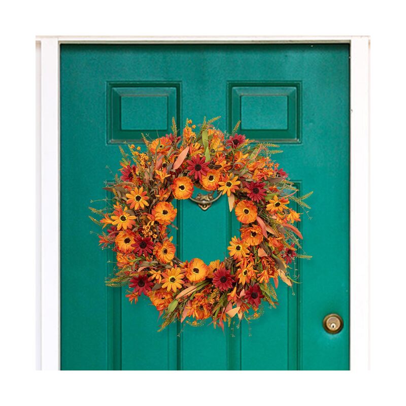 إكليل خريفي صناعي، 22 بوصة، أكاليل خريفية للباب الأمامي، إكليل زهور الأقحوان البرتقالي مع زهور برية وتوت، مناسب للجدران الداخلية والخارجية، بنمط ريفي - Image 5