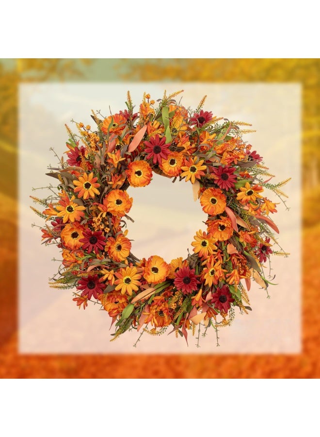 Artificial Fall Wreath 22 Inch Autumn Wreaths for Front Door Orange Daisy Wreath with Wildflowers Berries for Indoor Outdoor Wall Farmhouse - Image 5