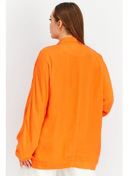 promod Women Regular Fit Notched Collar Long Sleeve Textured Blazer, Orange  - Image 4