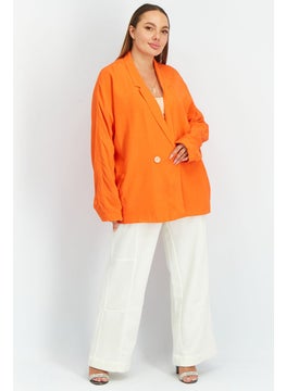 promod Women Regular Fit Notched Collar Long Sleeve Textured Blazer, Orange  - Image 3
