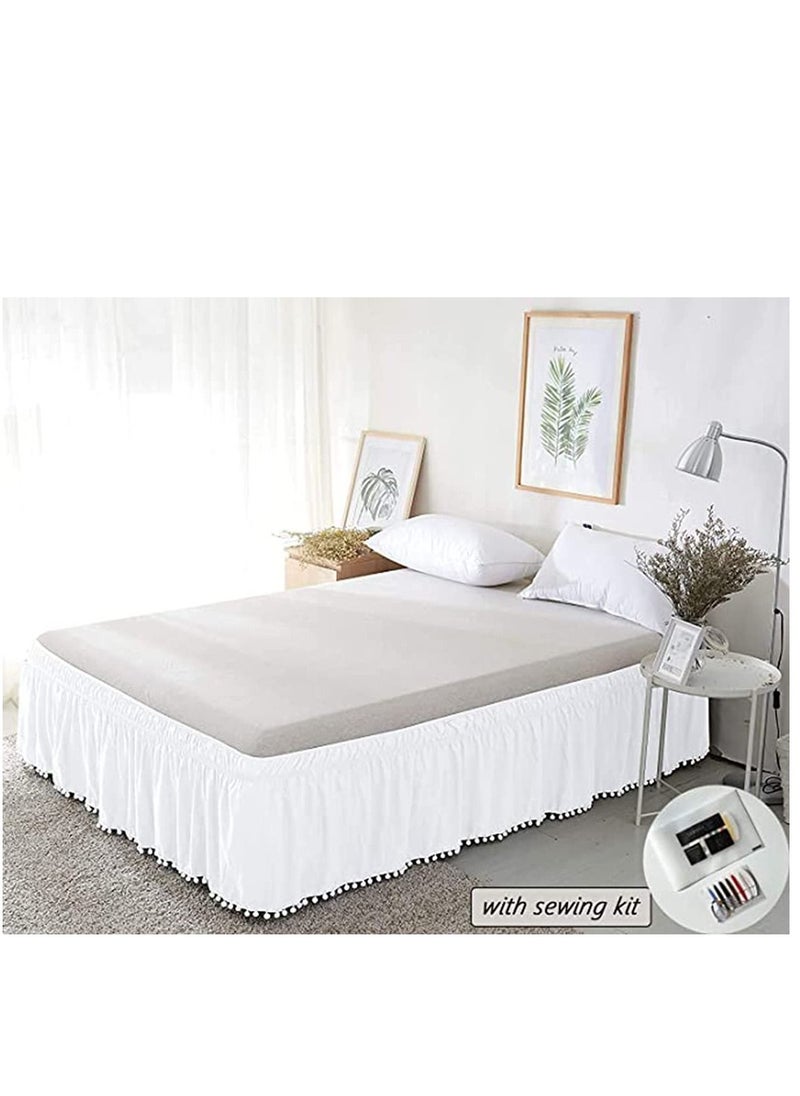 Y&D Queen Bed Skirt, Elegant Comfort Top-Knot Tassle Pompom Fringe Ruffle Skirt Around Style Elastic Wrap- Wrinkle Resistant 16inch Drop, White  - Image 2
