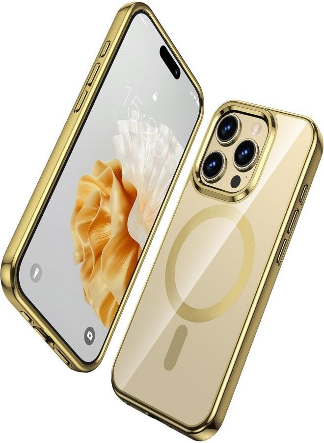 ESCASE - MagSafe Case Magnetic Clear Soft TPU Plating Case Wireless Charging Compatible Shockproof Protection For Apple iPhone 15 Pro Gold - Image 1