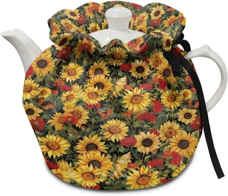 Tea Pots Cozy with Fall Sunflower Butterfly Pattern Reusable Tea Kettle Quilt Keep Tea Warm Soft Lightweight Fabric Easy Install Clean - Image 1
