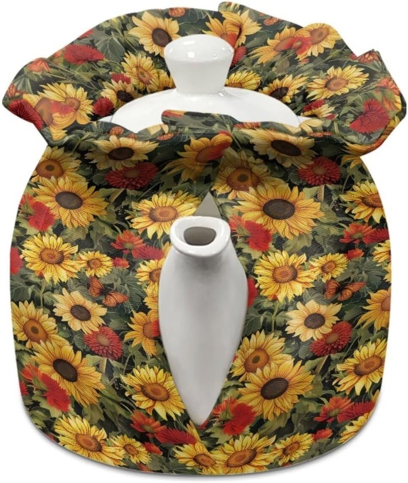 Tea Pots Cozy with Fall Sunflower Butterfly Pattern Reusable Tea Kettle Quilt Keep Tea Warm Soft Lightweight Fabric Easy Install Clean - Image 2