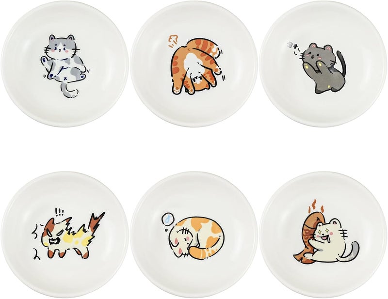 SOCOSY Super Cute Cartoon Animal Ceramic Sauce Dishes Seasoning Dishes Little Cat Dog Bird Feeding Bowls Sushi Soy Dipping Bowls Appetizer Plates Dessert Plates Set of 6Cats35 Inch - Image 1