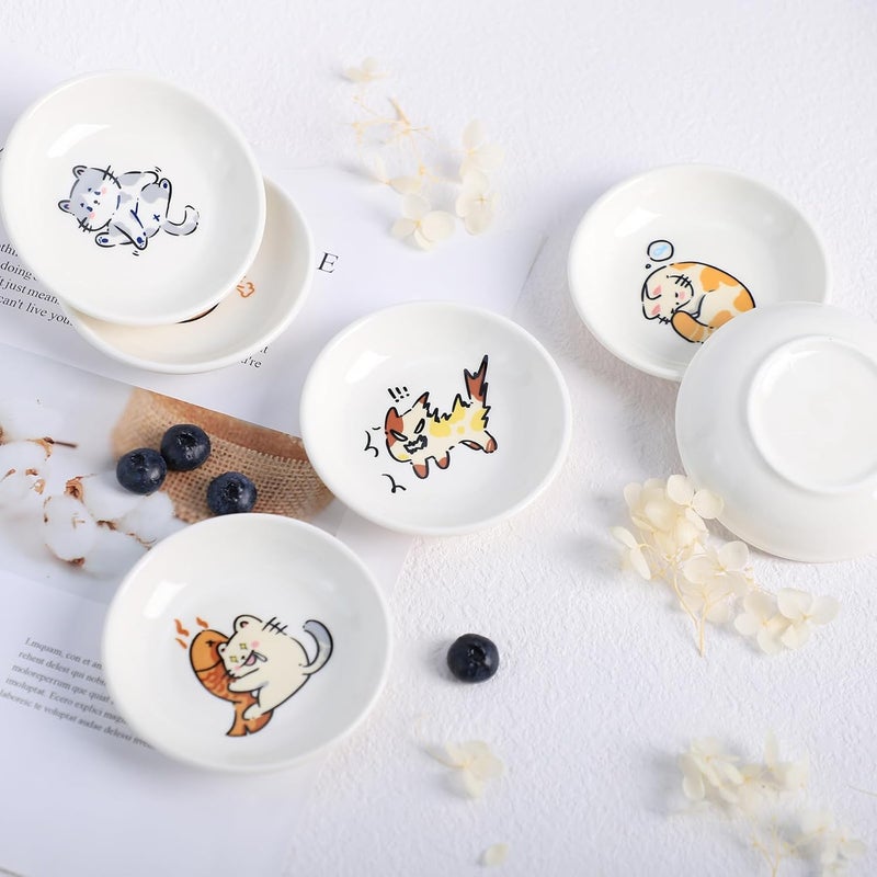 SOCOSY Super Cute Cartoon Animal Ceramic Sauce Dishes Seasoning Dishes Little Cat Dog Bird Feeding Bowls Sushi Soy Dipping Bowls Appetizer Plates Dessert Plates Set of 6Cats35 Inch - Image 3