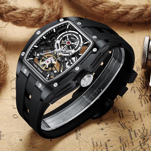 MF MINI FOCUS Unique Men WatchesAutomatic Mechanical WatchLuxury Hollow Tonneau Watches for Men with Stainless Steel Case and Silicon Band SelfWind Movement5ATM WaterproofSuper_Luminous - Image 3