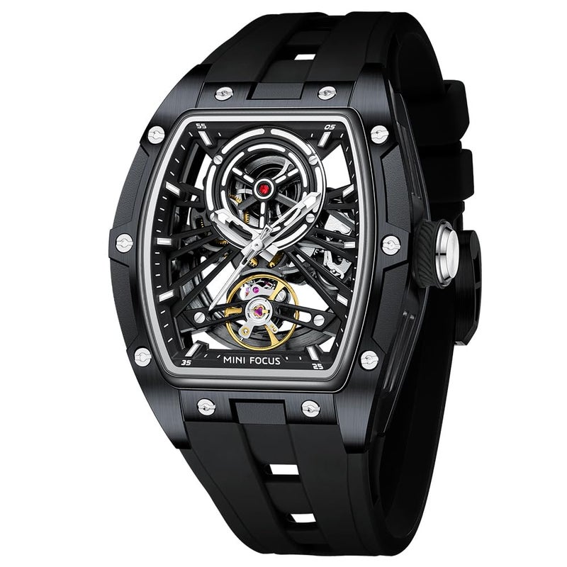 MF MINI FOCUS Unique Men WatchesAutomatic Mechanical WatchLuxury Hollow Tonneau Watches for Men with Stainless Steel Case and Silicon Band SelfWind Movement5ATM WaterproofSuper_Luminous - Image 2
