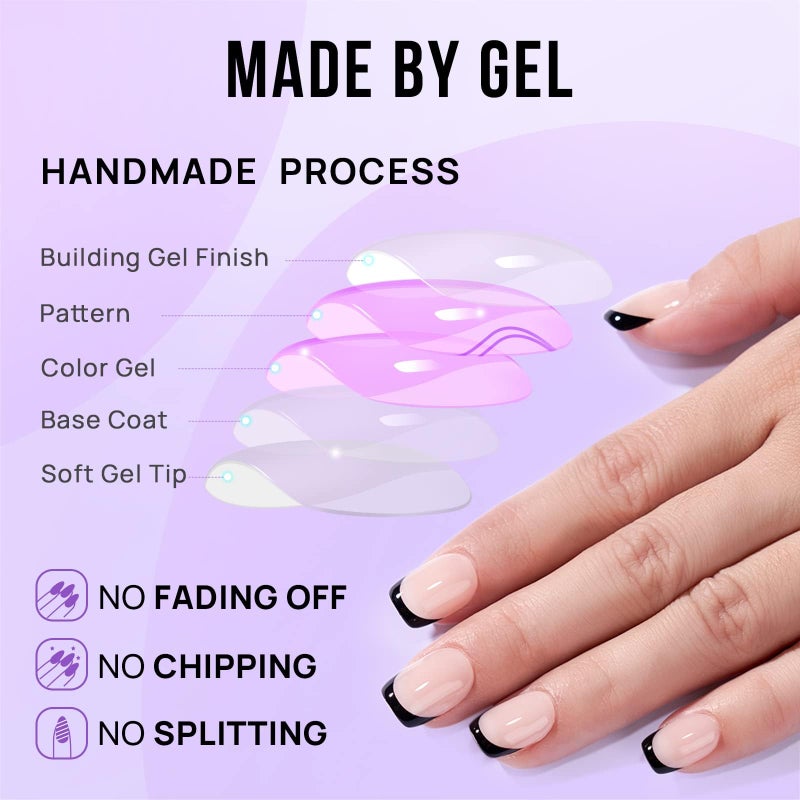 BTArtbox French Tip Press On Nails - BTArtbox Jelly Square Fake Nails with Nail Glue, Reusable Semi-Transparent Stick On Nails in 16 Sizes - 32PCS Soft Gel Glue On Nails Kit, Classic Black - Image 4