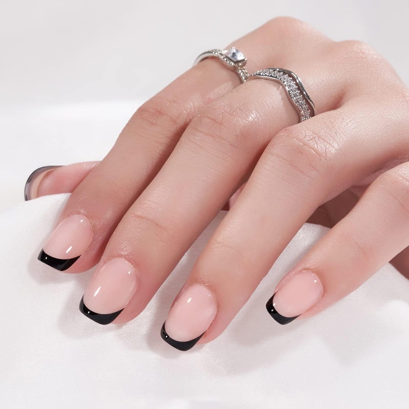 BTArtbox French Tip Press On Nails - BTArtbox Jelly Square Fake Nails with Nail Glue, Reusable Semi-Transparent Stick On Nails in 16 Sizes - 32PCS Soft Gel Glue On Nails Kit, Classic Black - Image 2