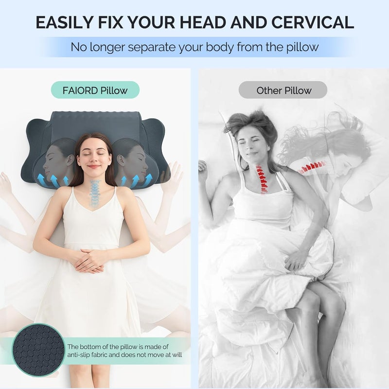 FAIORD وسادة عنق لتخفيف آلام الرقبة - وسادة عنق طبية مزدوجة الجوانب مبردة ومريحة مع غطاء وسادة من الحرير الجليدي، وسادة محيطية من الإسفنج الذكي القابل للتنفس لمن ينامون على الجانب والظهر والبطن - Image 5