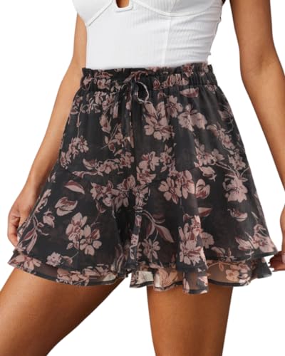 Aoudery Flowy Shorts for Women Casual Boho Floral Skorts Ruffle Mini Skirts Running Tennis Butterfly Chiffon Shorts- Floral Khaki M - Image 1